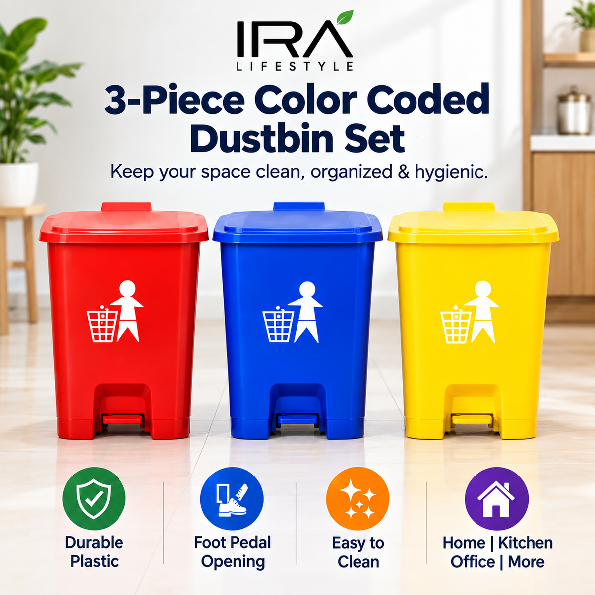 IRA Lifestyle 3-Piece Color Coded Dustbin Set | Pedal Waste Bins for Home, Kitchen & Office