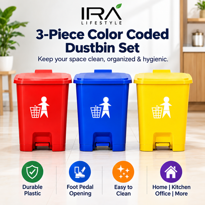 IRA Lifestyle 3-Piece Color Coded Dustbin Set | Pedal Waste Bins for Home, Kitchen & Office