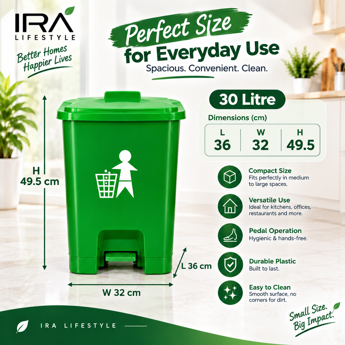IRA Lifestyle 3-Piece Color Coded Dustbin Set | Pedal Waste Bins for Home, Kitchen & Office