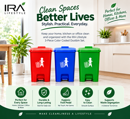 IRA Lifestyle 3-Piece Color Coded Dustbin Set | Pedal Waste Bins for Home, Kitchen & Office