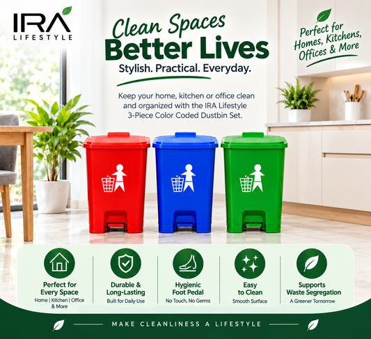 IRA Lifestyle 3-Piece Color Coded Dustbin Set | Pedal Waste Bins for Home, Kitchen & Office