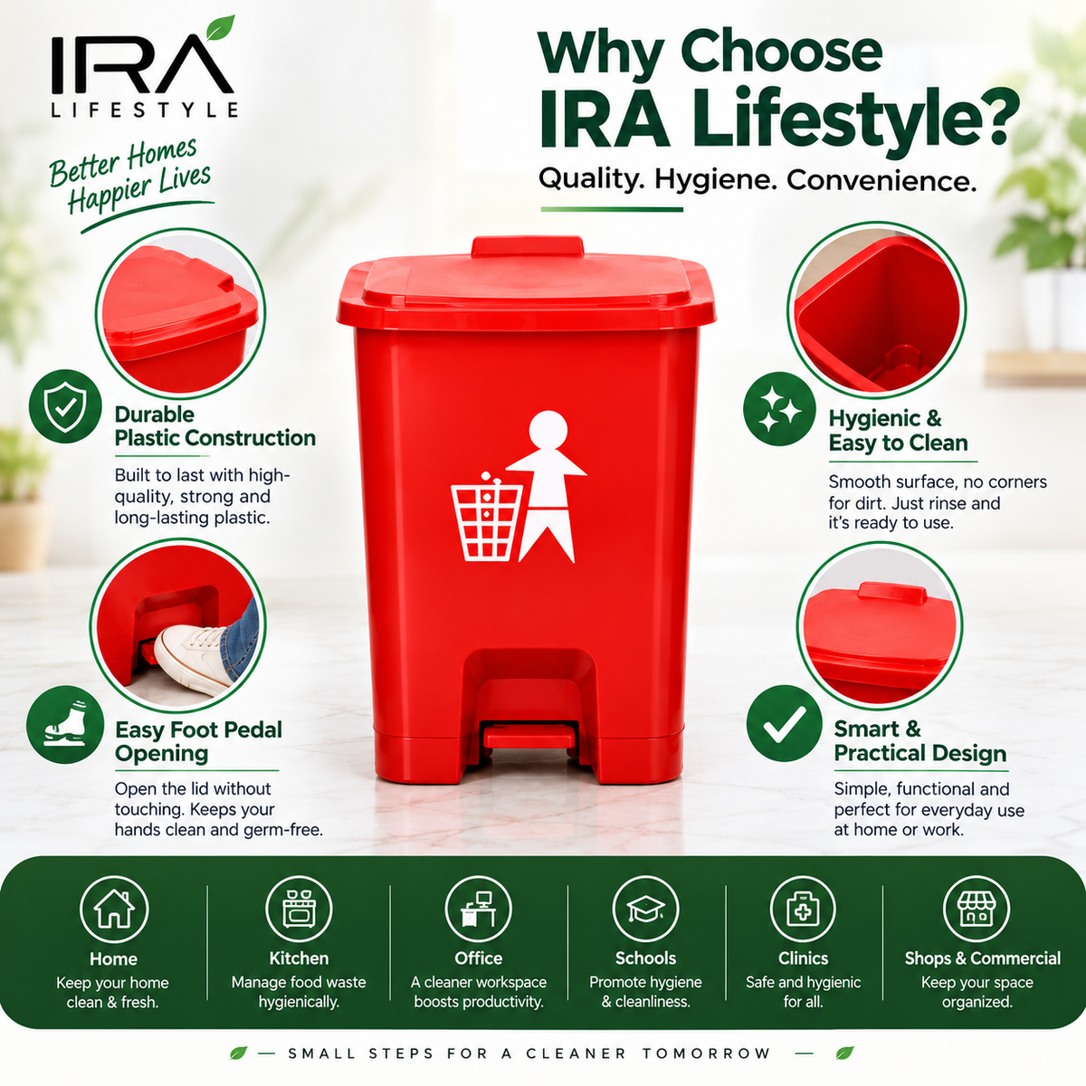 IRA Lifestyle 3-Piece Color Coded Dustbin Set | Pedal Waste Bins for Home, Kitchen & Office