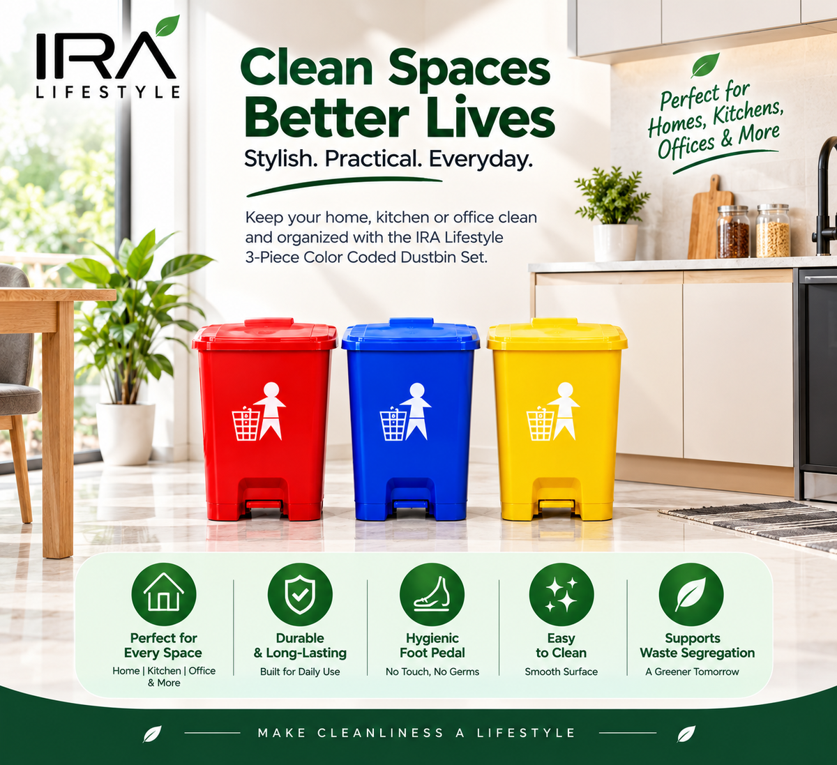 IRA Lifestyle 3-Piece Color Coded Dustbin Set | Pedal Waste Bins for Home, Kitchen & Office