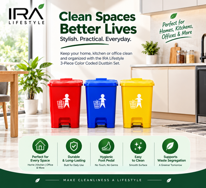 IRA Lifestyle 3-Piece Color Coded Dustbin Set | Pedal Waste Bins for Home, Kitchen & Office
