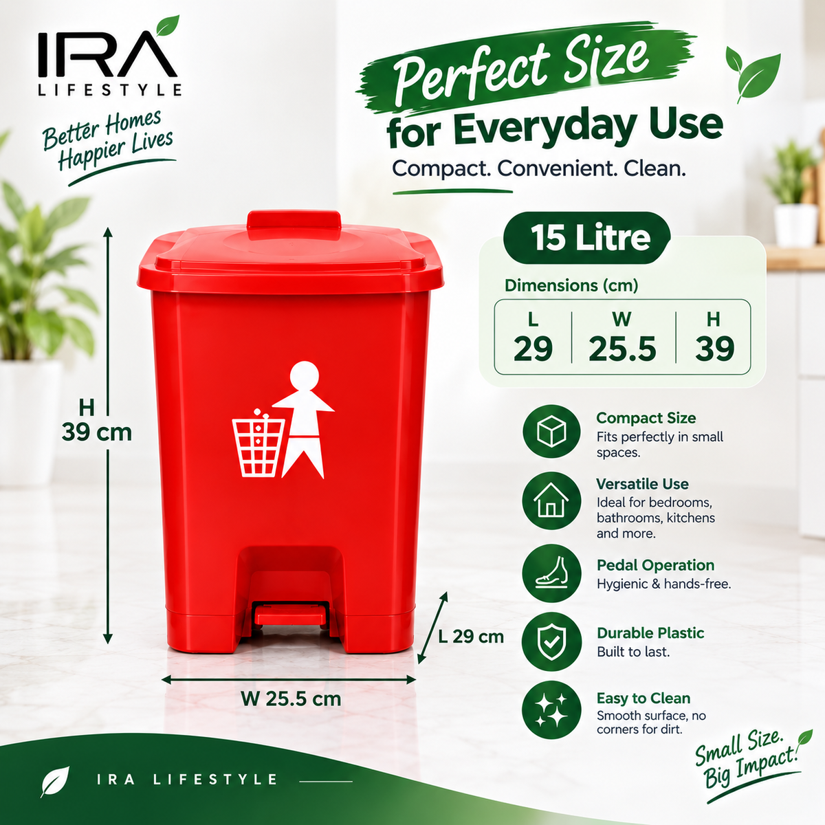 IRA Lifestyle 3-Piece Color Coded Dustbin Set | Pedal Waste Bins for Home, Kitchen & Office